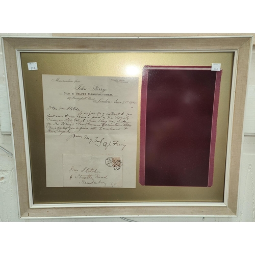 39B - A framed piece of silk velvet with letter confirming it as part of the 'Royal Silk Velvet' for King ... 