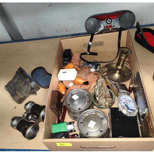 45 - Two pairs of binoculars; pewter tankards; inkwells; metalware; bric-a-brac; cigarette cases; lighter... 