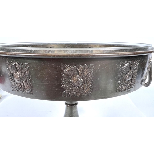 665 - A Danish Pewter Metawa table centure with glass interior, thistle relief decoration to the outside, ... 