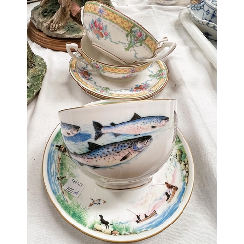 553 - A Royal Worcester V.J.P fishing large breakfast cup and saucer, and a pair of Royal Worcester soup b... 