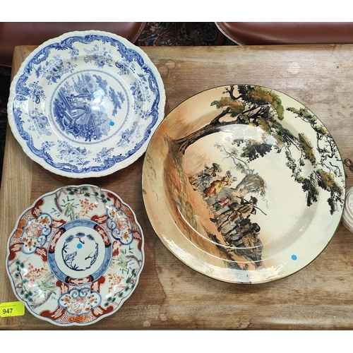 566 - A Japanese Imari dish and two other various dishes: a mid 20th century light bowl