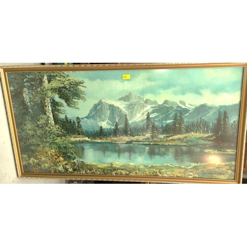 749 - M Hudson:  Mountainous landscape with lake, oil on canvas, signed, 57 x 117cm, framed and glaze... 