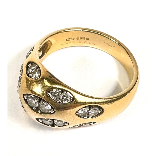 718 - An 18 carat hallmarked gold dress ring set with pairs of diamonds in 12 lozenge shaped insets, 24 di... 