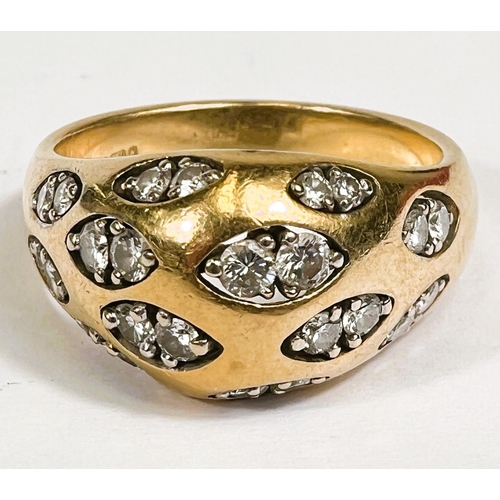 718 - An 18 carat hallmarked gold dress ring set with pairs of diamonds in 12 lozenge shaped insets, 24 di... 