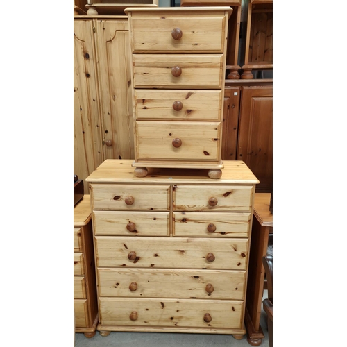 822 - A modern pine chest of 3 long and 4 short drawers; a 3-height bedside cabinet