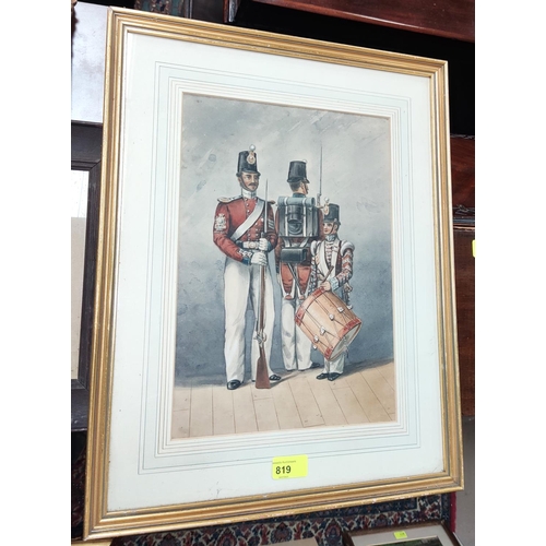 750 - 2 19th century soldiers and a drummer boy, watercolours, unsigned 35 x 25cm framed and glazed and 2 ... 