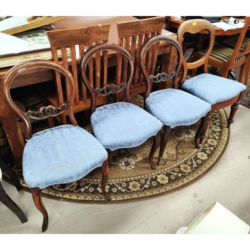 830 - A Victorian set of 3 balloon back dining chairs with blue drop in seats, plus 2 similar chairs; A pe... 