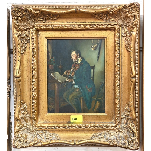 759 - F P Wild: Character study of an elderly man playing a violin, oil on board, signed, 22 x 17cm, in gi... 