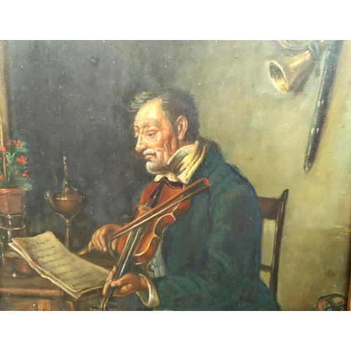 759 - F P Wild: Character study of an elderly man playing a violin, oil on board, signed, 22 x 17cm, in gi... 