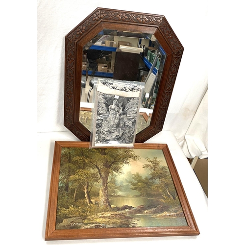 104 - An Edwardian machine made silk picture in monochrome of a courting couple; a wall mirror in oak cant... 