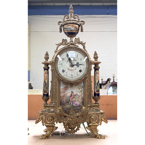 105 - A Louis XV style ornate clock garniture in gilt metal and porcelain, with French striking movement, ... 