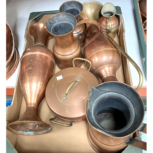 108 - A pair of large copper and brass vases; 3 graduating copper jugs; a copper standard ashtray