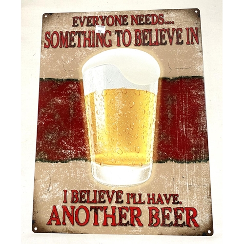 113 - Four antique effect enamel advertising signs:  Beer, height 40cm and three others
