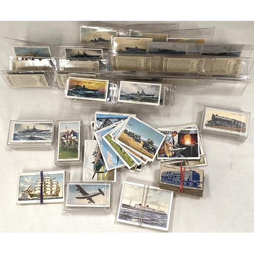 126 - A selection of cigarette cards:  transport naval crafts 50; cycling 48; railway engineers 50; W... 