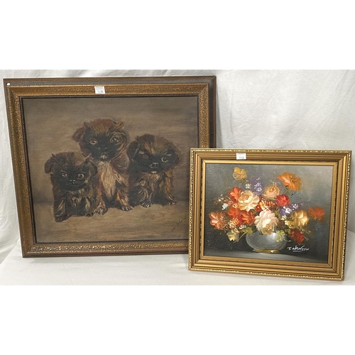 143A - Ada Whiston: an early 20th century oil on board of three puppies, dated 1924, 29 x 34cm; a still lif... 