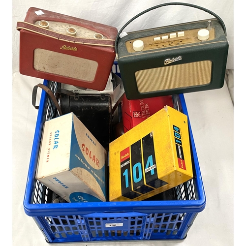 150 - A selection of vintage items:  2 1960's Roberts radios; 2 folding cameras; binoculars; a slide ... 