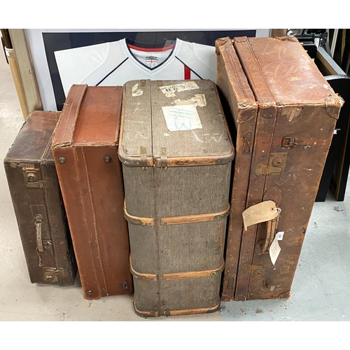 151 - Three various leather suitcases; a briefcase; a cabin trunk; a trouser press