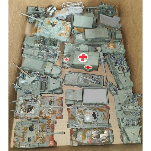 222 - A good collection of painted plastic military table top miniatures, German tanks and vehicles World ... 
