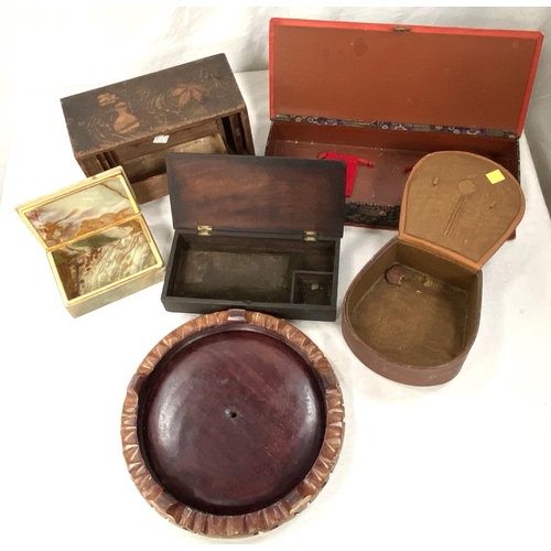 24 - A leather collar box; a fabric jewellery box; an onyx cigarette box; a large oriental vase stand; a ... 