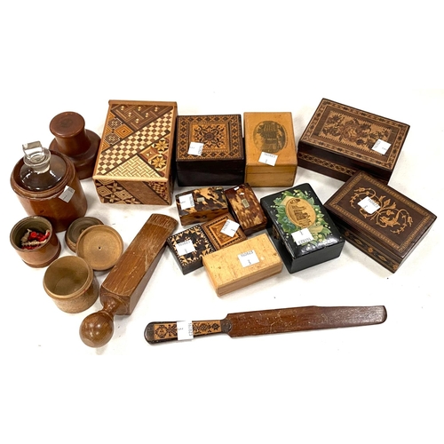 3 - A collection of miniature Tunbridge/tortoiseshell boxes (a.f.); treen