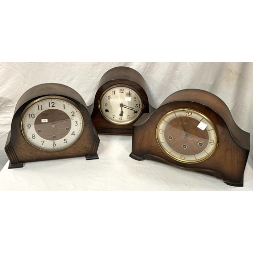 32 - Three 1930's/50's mantel clocks with chime; 2 oak cased, 1 walnut