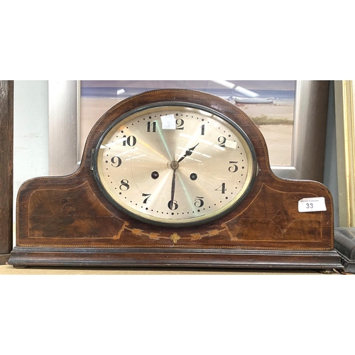 33 - An early century mantel clock with strike in mahogany lancet top case; 2 1930's striking mantel cloc... 