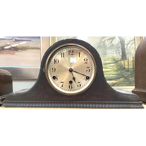 33 - An early century mantel clock with strike in mahogany lancet top case; 2 1930's striking mantel cloc... 