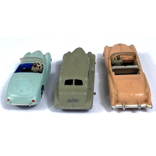 360 - DINKY TOYS: 101 Sunbeam Alpine sports car in blue with dark blue interior and hubcaps, 131 a Cadilla... 