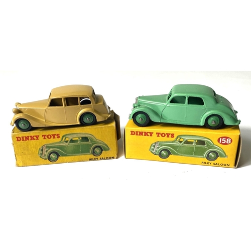 368 - DINKY TOYS: 158 Riley Saloon light green body and hubcaps in original box; 151 Triumph Saloon tan bo... 