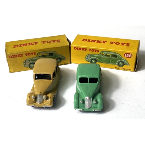 368 - DINKY TOYS: 158 Riley Saloon light green body and hubcaps in original box; 151 Triumph Saloon tan bo... 