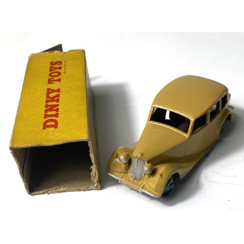 368 - DINKY TOYS: 158 Riley Saloon light green body and hubcaps in original box; 151 Triumph Saloon tan bo... 