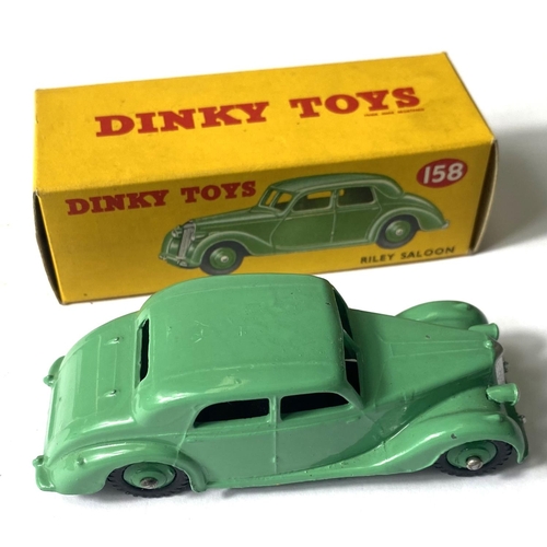 368 - DINKY TOYS: 158 Riley Saloon light green body and hubcaps in original box; 151 Triumph Saloon tan bo... 