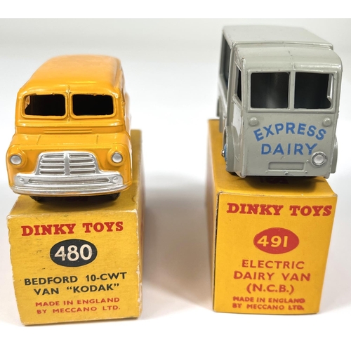 370 - DINKY TOYS: 480 Bedford 10-CWT van 'Kodak' in original box; 491 Electric Dairy Van (N.C.B) 'Express ... 