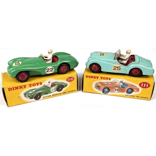 374 - DINKY TOYS: 110 Aston Martin DB3 Sports in green red hubcaps in original box: 111 Triumph TR2 Sports... 