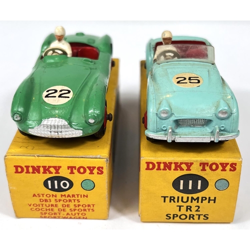 374 - DINKY TOYS: 110 Aston Martin DB3 Sports in green red hubcaps in original box: 111 Triumph TR2 Sports... 