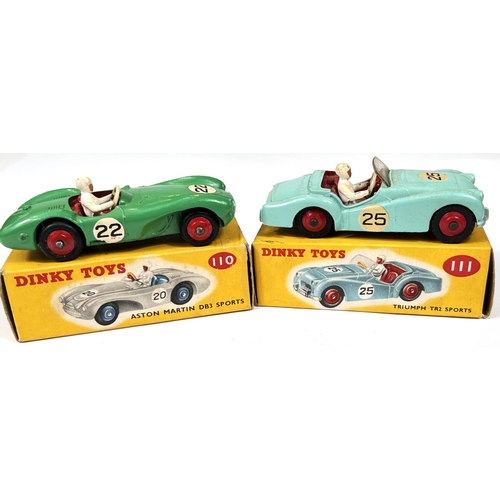 374 - DINKY TOYS: 110 Aston Martin DB3 Sports in green red hubcaps in original box: 111 Triumph TR2 Sports... 