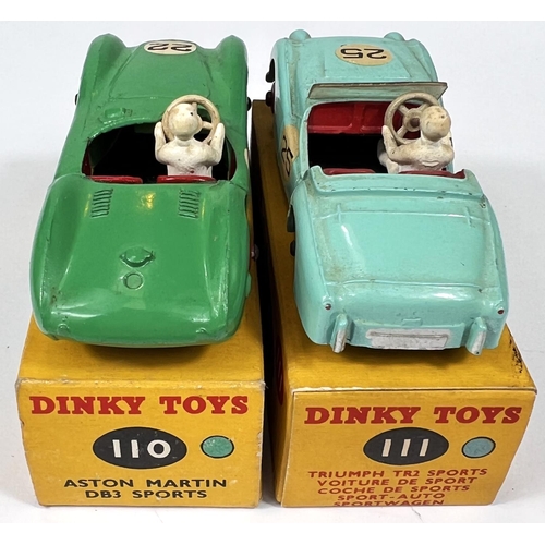 374 - DINKY TOYS: 110 Aston Martin DB3 Sports in green red hubcaps in original box: 111 Triumph TR2 Sports... 