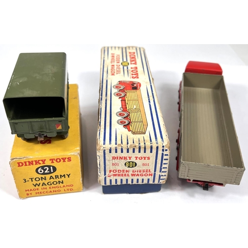 376 - DINKY TOYS: 901 Foden Diesel 8-Wheel Wagon in red and grey with box and a 621 3-Ton Army Wagon in or... 