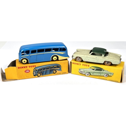 380 - DINKY TOYS: 281 Luxury Coach in blue and yellow in original box (scuff to one flap) 24Y French made ... 