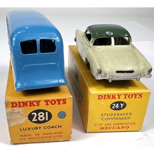 380 - DINKY TOYS: 281 Luxury Coach in blue and yellow in original box (scuff to one flap) 24Y French made ... 