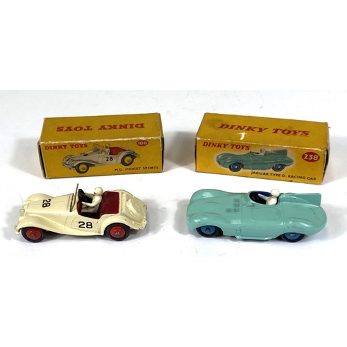 409 - DINKY TOYS: 238 Jaguar Type D Racing car Turquoise body, in box (one flap missing) (one tyre missing... 