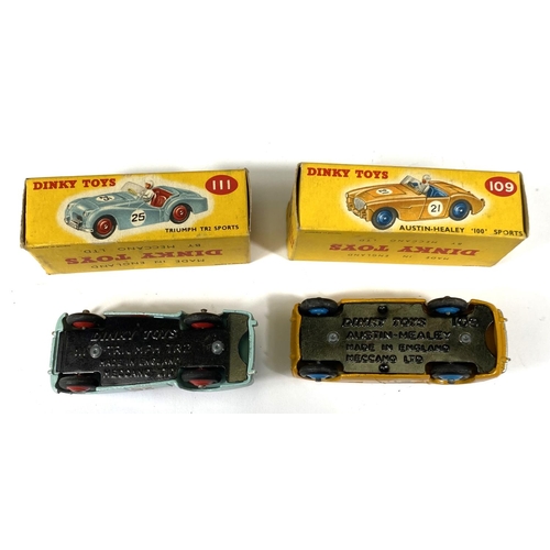 410 - DINKY TOYS: 109 Austin-Healey '100' Sports yellow body with blue interior and hubcaps in original bo... 