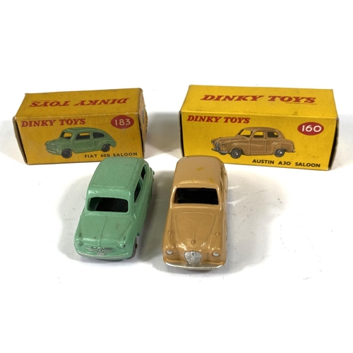 411 - DINKY TOYS: 183 Fiat 600 Saloon in green with box; 160 Austin A30 Saloon in tan with box (blue not t... 