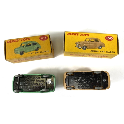 411 - DINKY TOYS: 183 Fiat 600 Saloon in green with box; 160 Austin A30 Saloon in tan with box (blue not t... 