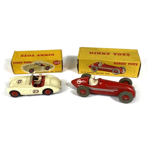 412 - DINKY TOYS: 109 Austin-Healy '100' Sports in off white with red hubcaps with original box; 232/23F A... 