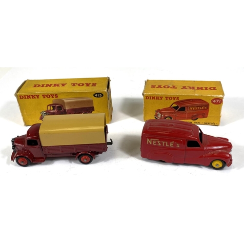 414 - DINKY TOYS: 413 Austin covered wagon in maroon with tan cover, red hub caps in box (box worn, flaps ... 