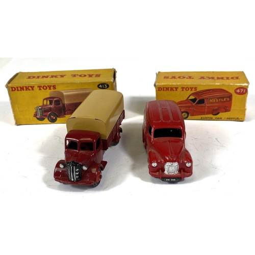 414 - DINKY TOYS: 413 Austin covered wagon in maroon with tan cover, red hub caps in box (box worn, flaps ... 