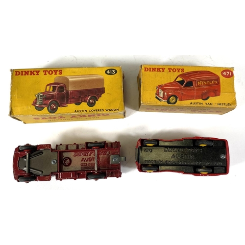 414 - DINKY TOYS: 413 Austin covered wagon in maroon with tan cover, red hub caps in box (box worn, flaps ... 