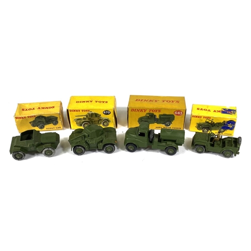 424 - DINKY TOYS: 643 Army Water Tanker with box; 670 Armoured car in box (box a/f); 673 Scout Car boxed (... 