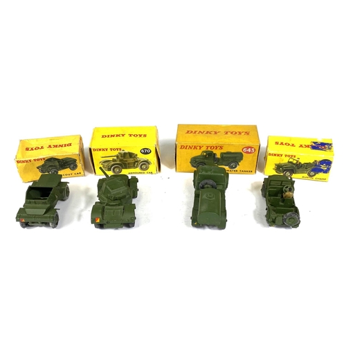 424 - DINKY TOYS: 643 Army Water Tanker with box; 670 Armoured car in box (box a/f); 673 Scout Car boxed (... 